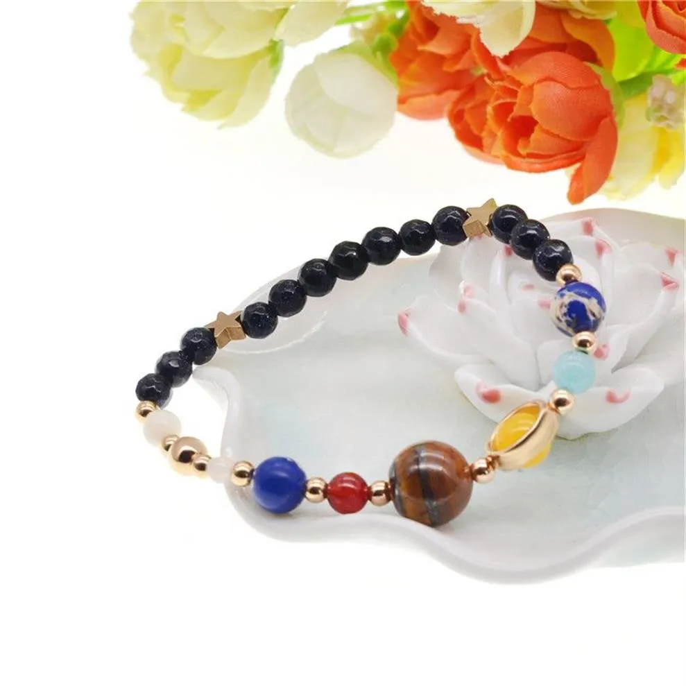 الكون Galaxy الكواكب الثمانية في نظام Solar System Guardian Star Natural Stone Beads Bangelet for Women Men Gift231C