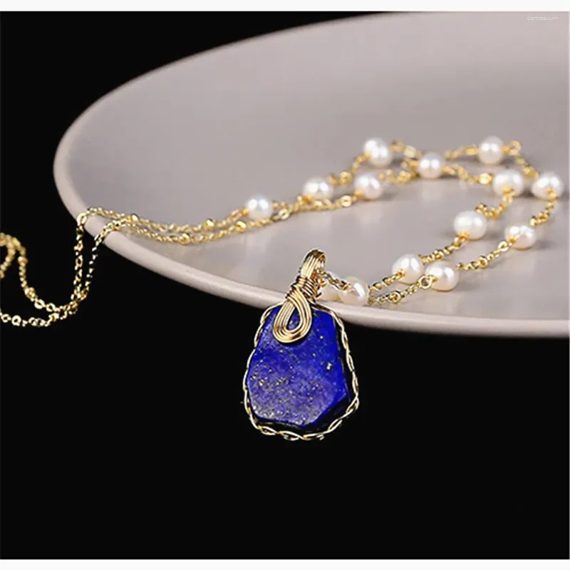 Pendentifs Vintage perles d'eau douce naturelles perles Lapis Lazuli pendentif colliers pour femmes à la main bohème pull chaîne bijoux cadeau