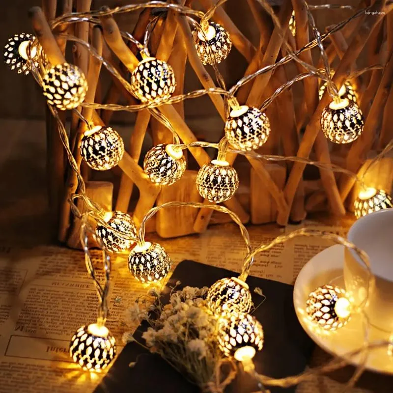 Strings Christmas LED Fairy Light Moroccan Hollow Metal Ball String Lights Battery Powered For Wedding Holiday Home Party Decoration