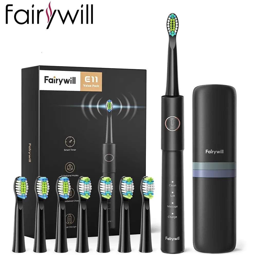 Brosse à dents Fairywill Sonic brosse à dents électrique Charge USB Rechargeable E11 étanche 8 têtes de rechange de brosse adulte 231017