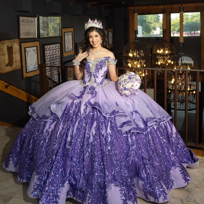 Roxo brilhante quinceanera vestidos 2024 rendas apliques contas mexicano doce 16 vestido de baile vestidos butantes 15 anos