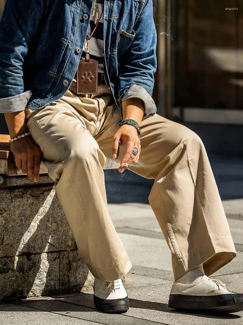 Herrbyxor höst och vinter retro khaki lös rak gröda lång forntida casual street shoot vintage