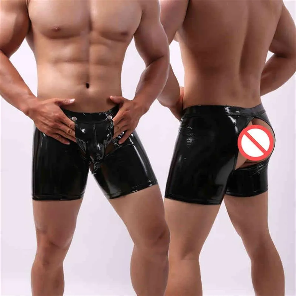 AIIOU Sexy sous-vêtements de couple hommes gays Boxer Shorts Faux cuir aspect mouillé caleçon ouvert entrejambe pochette malles cul Cueca LJ200922220j
