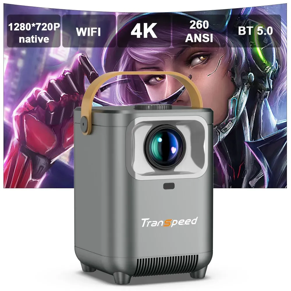 Transpeed 260ansi Projector 1280720p examen Support 4K WiFi 200 "Screen BT50 Speaker 5W Proytor Outdoor Portable 231018