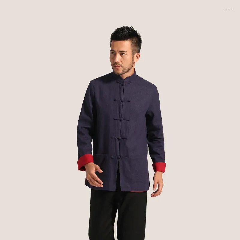 Vestes pour hommes manteau rouge bleu réversible veste à manches longues traditionnel chinois coton lin deux côtés costume costume redingote