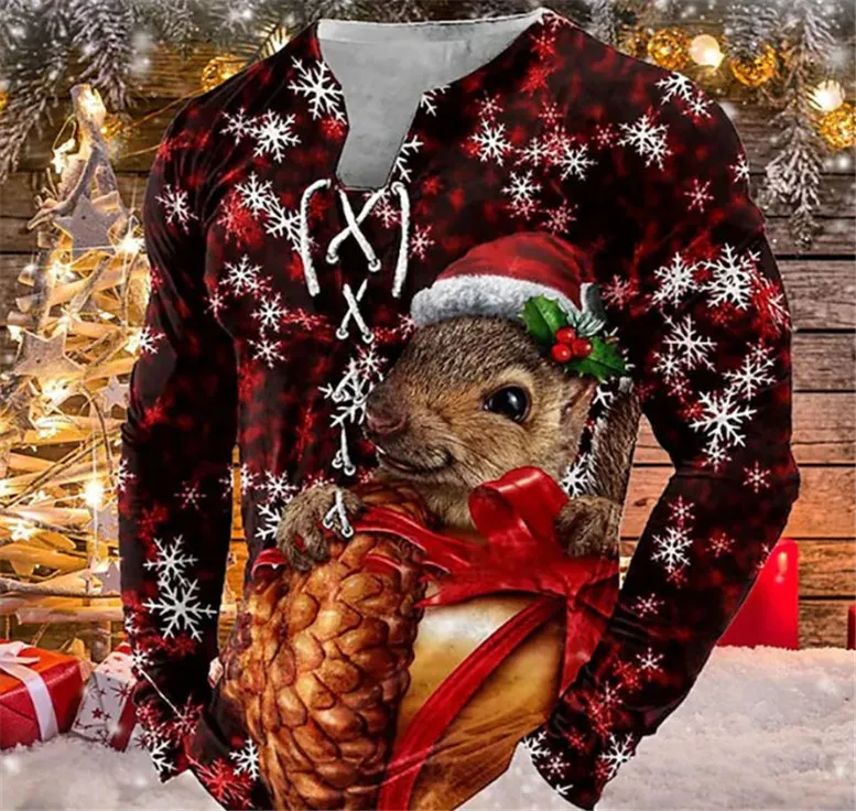Customized Tees & Polos 021 Christmas Squirrel Red Hoodie Loose Sweater Long sleeved Coat