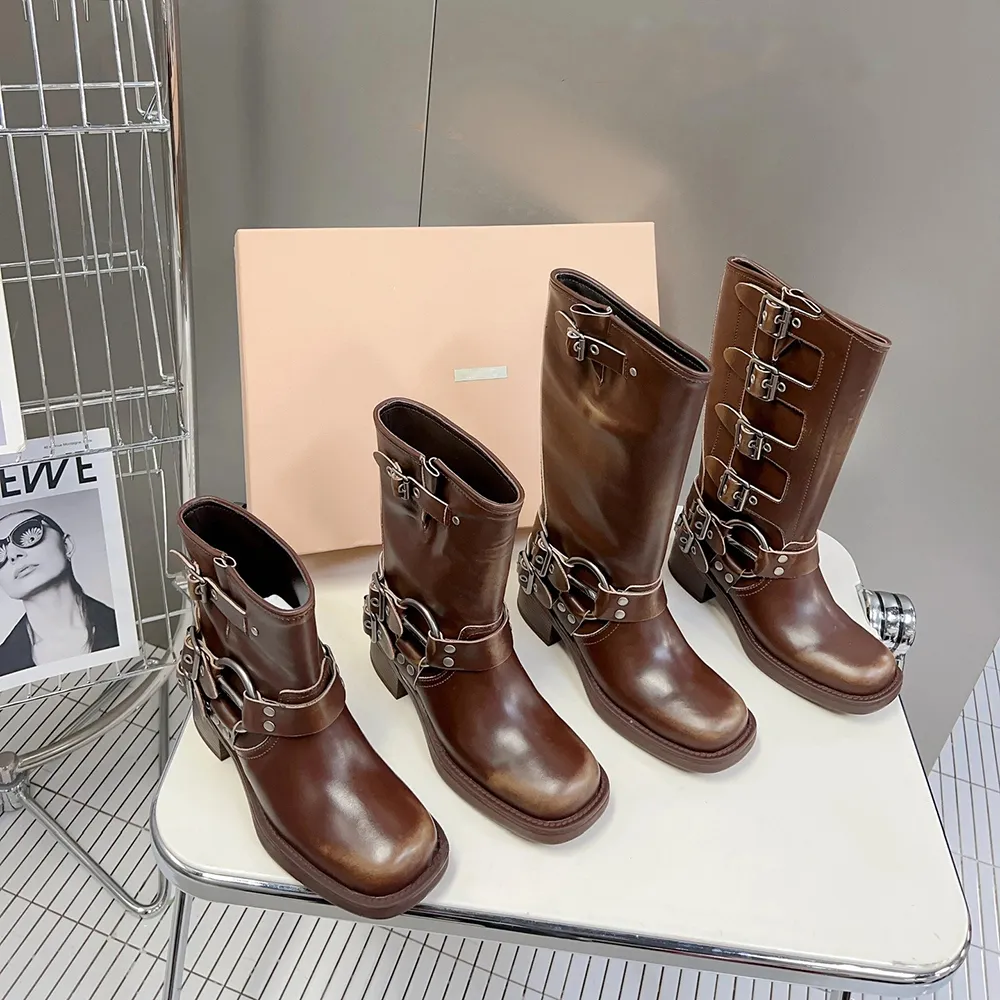 Miui Women Luxury Designer Boots Miui Harness Belt Buckled Cowhide Leather Riker Biker Knee Boots chunky Zip Knight Boots