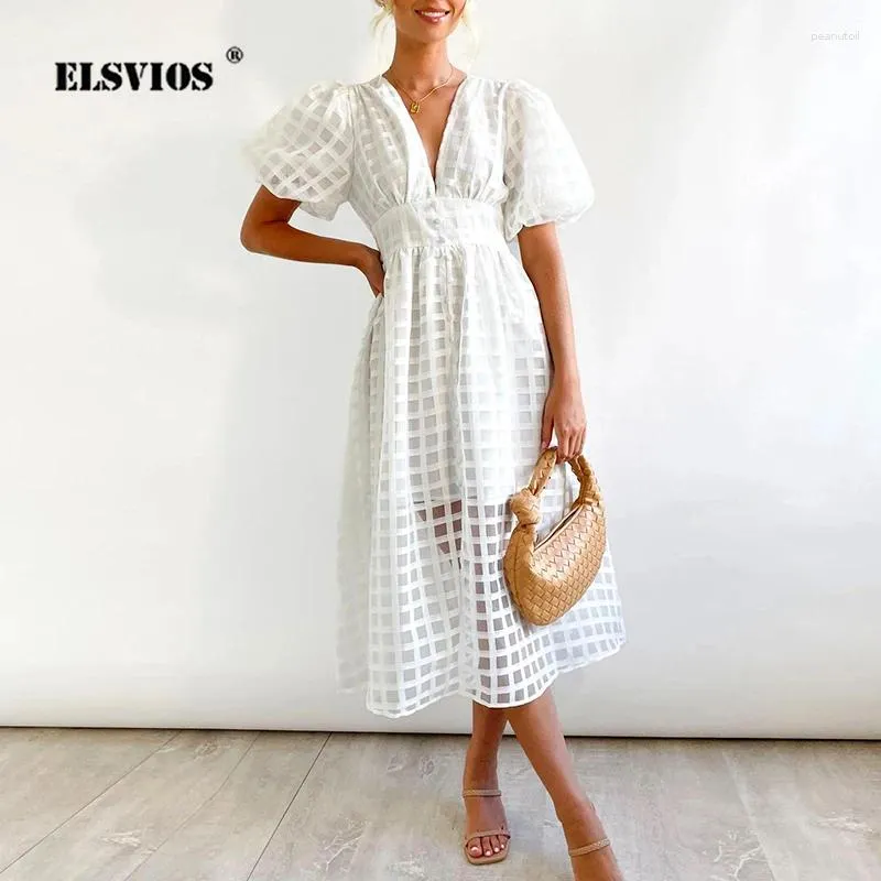 Vestidos de festa cintura alta lanterna manga v pescoço vestido cor sólida malha fio botão longo casual elegante feminino verão vestido