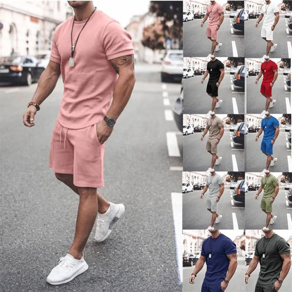 Summer Men Shorts Sets Male Tracksuit Set Casual Solid Short Sleeve T Shirt & Shorts 2 Pieces220N