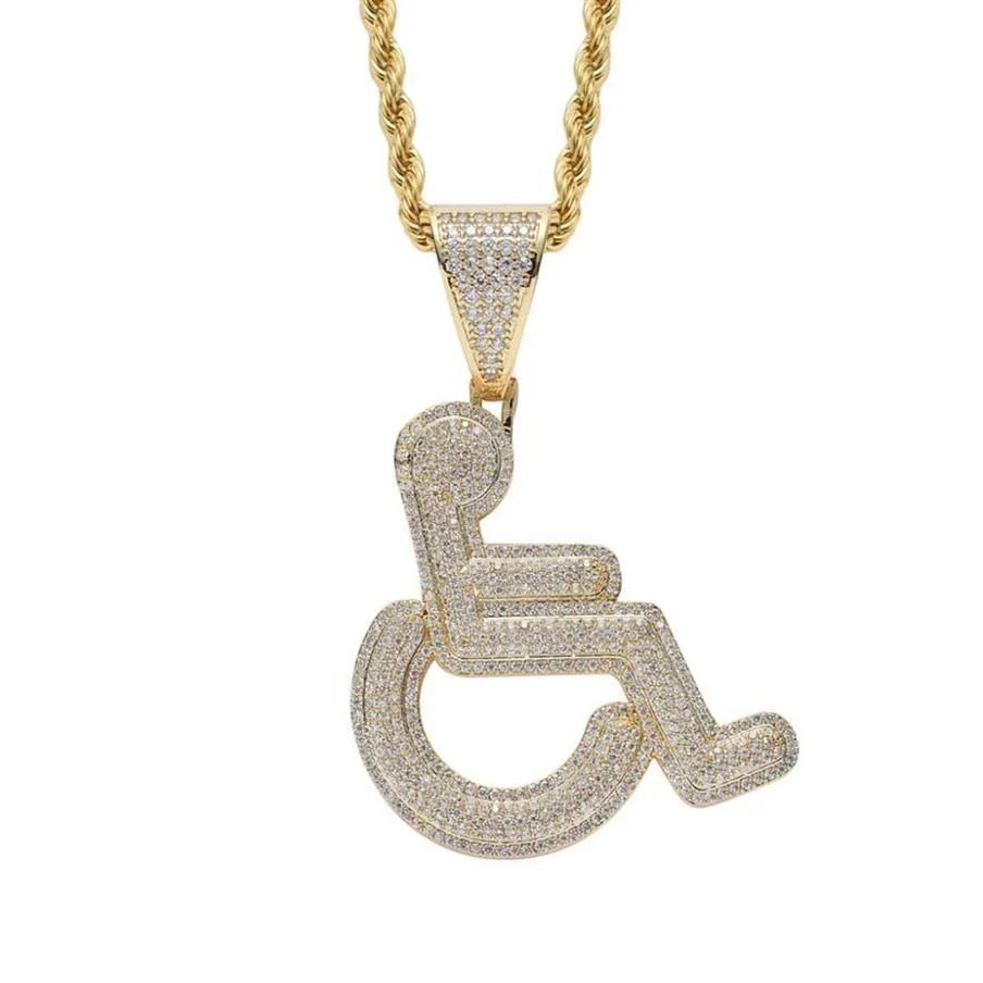 Collana con ciondolo con segno di handicap per sedia a rotelle Collana con ciondolo in oro argento colore Bling zircone cubico da uomo Gioielli hip hop rock246Z