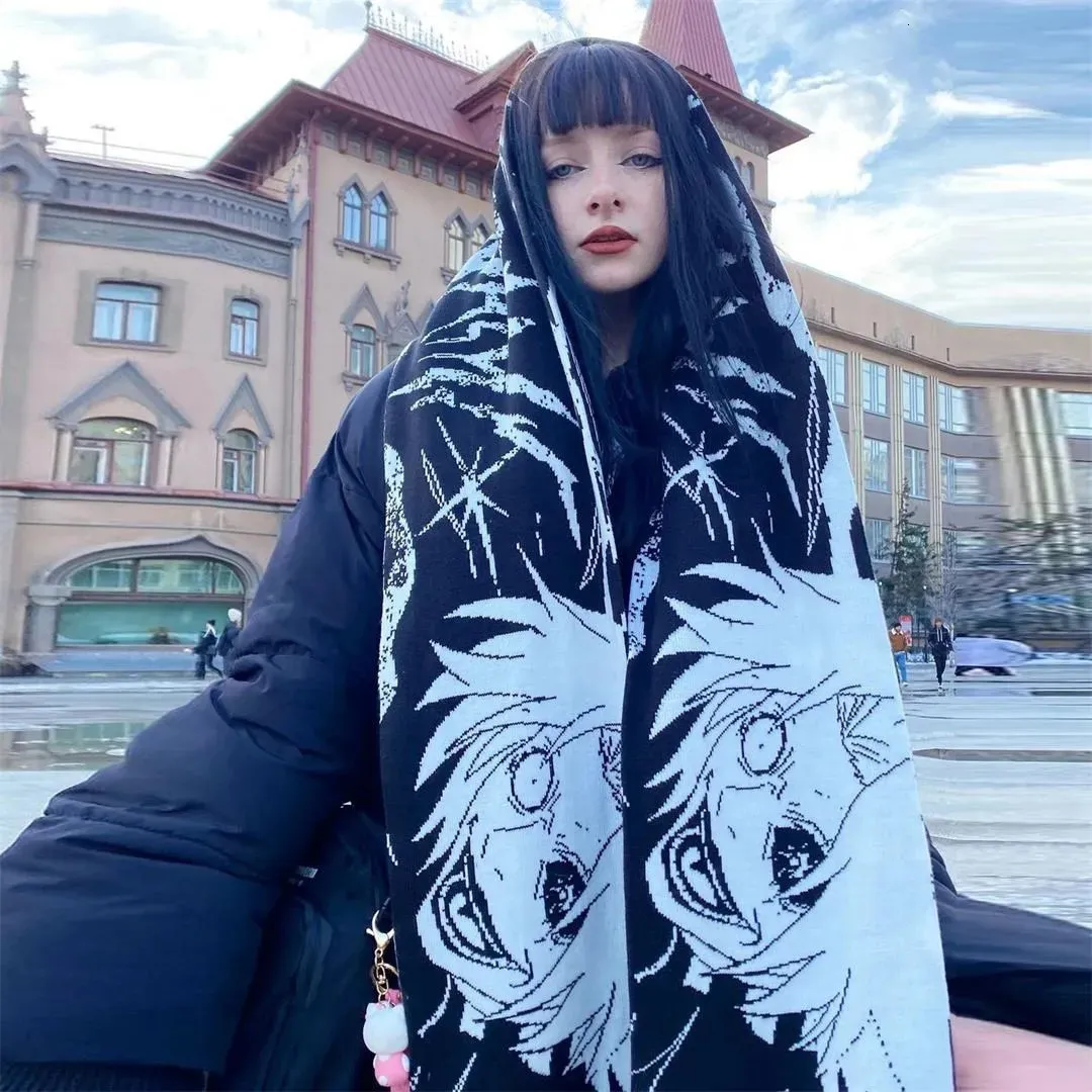 Halsdukar Fashion Creative Japanese Anime randig stickad kvinnors halsduk Mäns Winter Scarf Förkläde Black Tassel Luminous Y2K Kpop Goth 231017