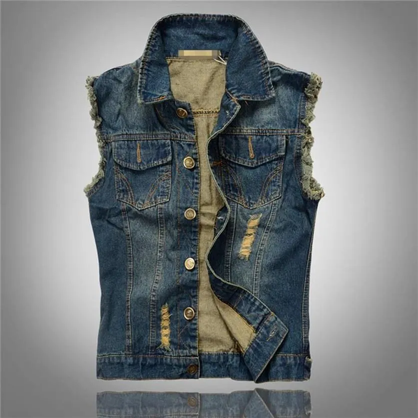 Gescheurde Jean Jas Heren Denim Vest Plus Maat M - 6XL Jeans Vest Mannen Cowboy Merk Mouwloze Jas Male245k