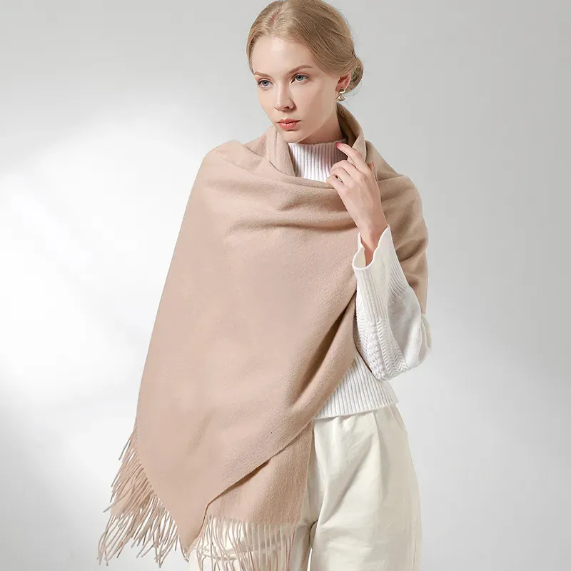 Bufandas Bufanda de lana 100% real Mujeres Chales y abrigos cálidos para damas Estola Femme Solid Warps Invierno Cashmere Wool Bufandas Luxury Pashmina 231017