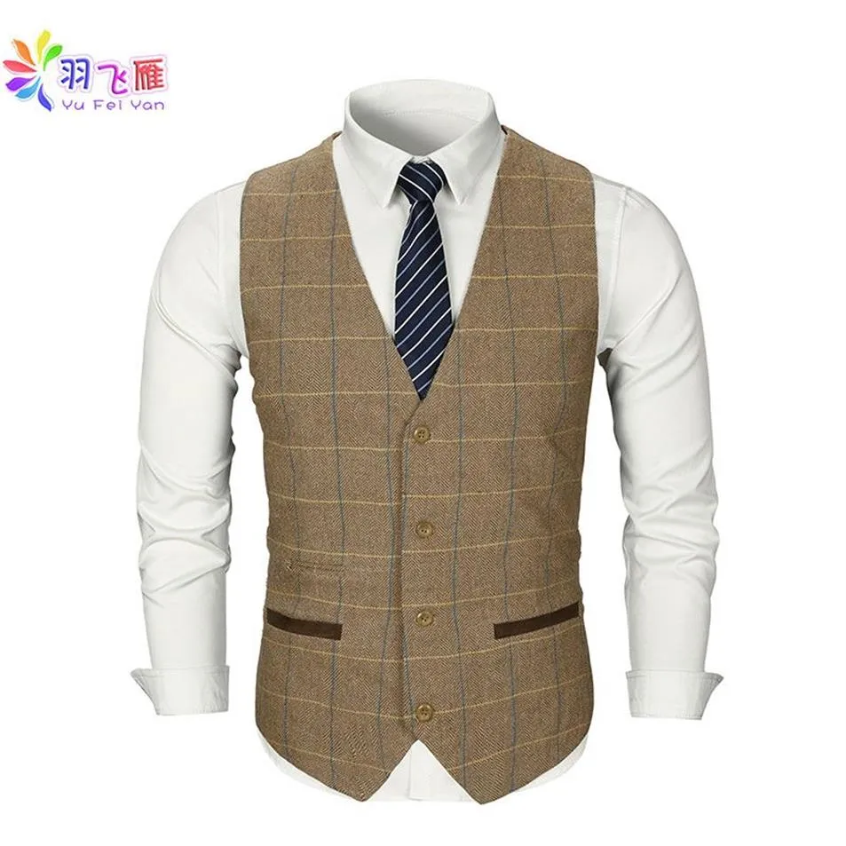 Gilet da uomo smart casual Gilet di tweed marrone Gilet slim fit in cotone stile britannico Canta petto Abito da sposa scozzese Gilet Suit245U