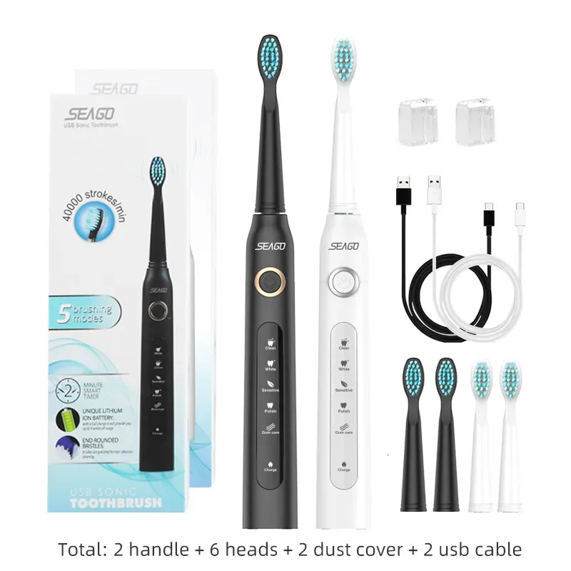 Diş fırçası seago elektrikli şarj edilebilir sonik seyahat kafaları yedek yetişkin zamanlayıcı fırça 5 mod 4 renk 231017