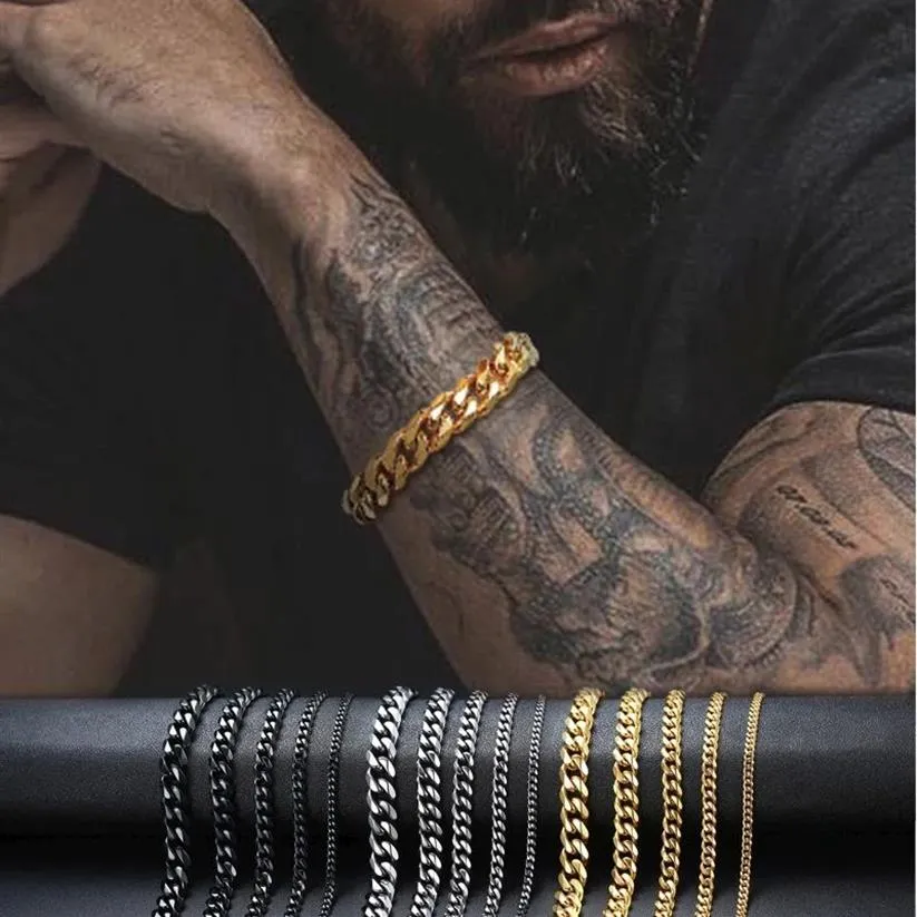 Pulsera chapada en oro de 14 quilates para hombre de 3 mm a 11 mm, cadenas de eslabones cubanos para mujer, pulseras de muñeca de Color negro plateado con acera de acero inoxidable 272s