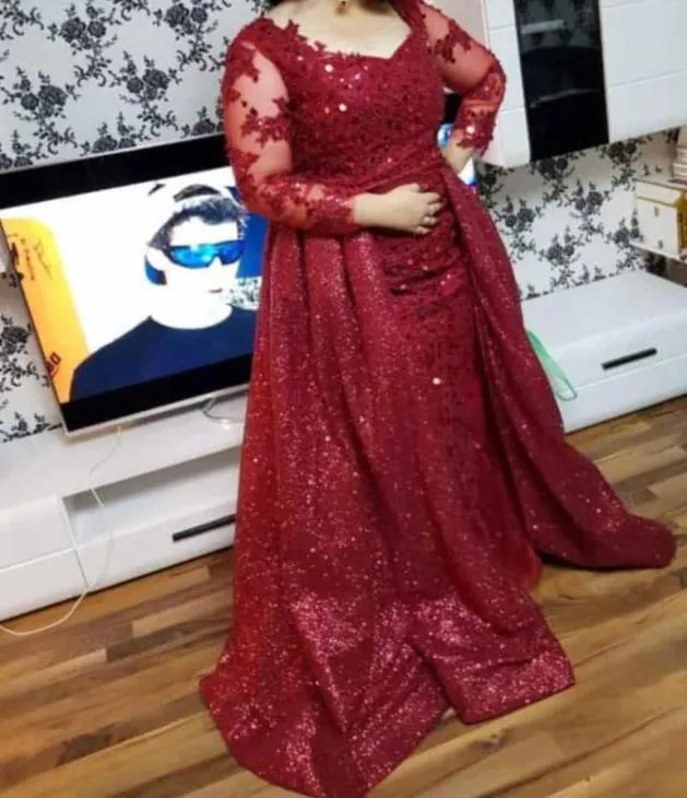 Glitzerndes Dunkelrot, Übergröße, elegantes Rot, lange Iluusionsärmel, Abendkleider, Pailletten, bodenlang, formelles Kleid, Abendparty, Kleidung2068780