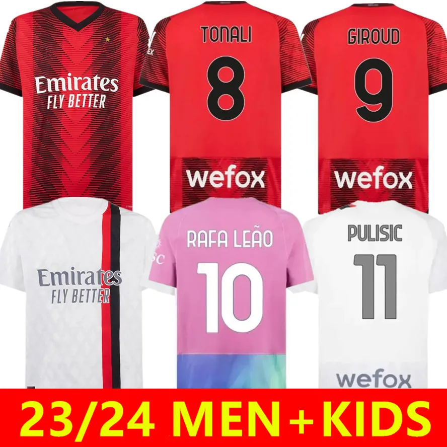 23 24 Ibrahimovic AC Milans 축구 저지 R. Leao Giroud Kessie Football Shirt 2023 2024 Tonali Pulisic Theo Rafa Leao 남자 어린이 유니폼