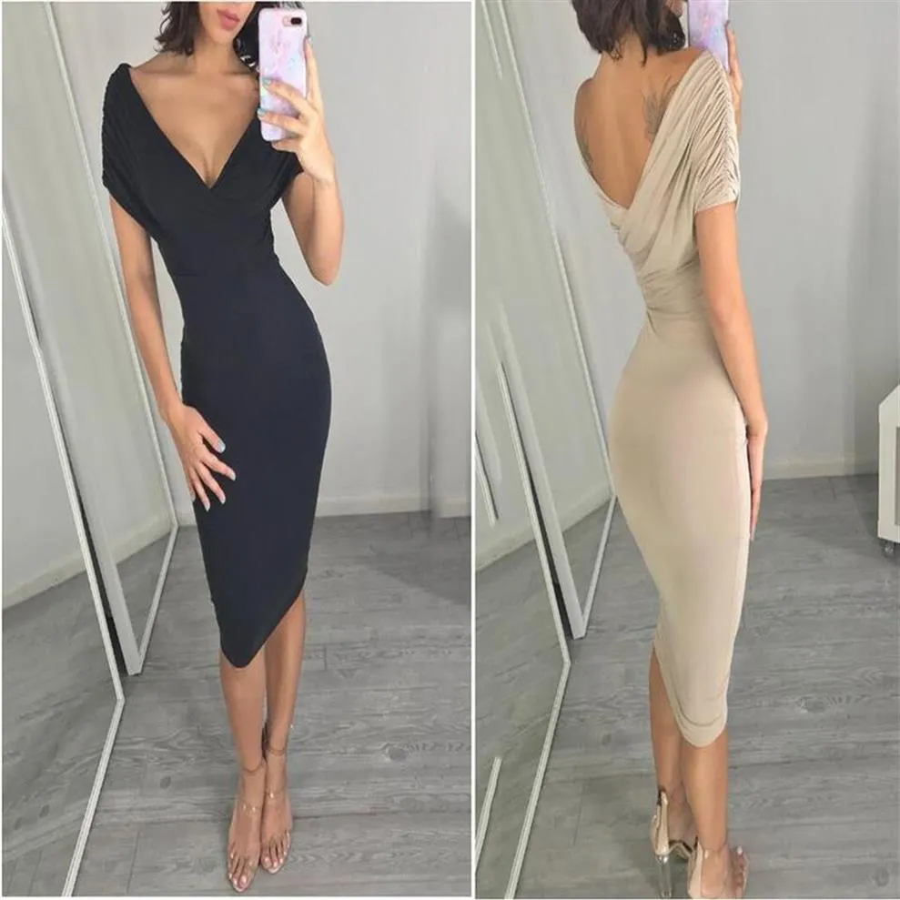 Nova marca feminina vestido de manga curta profundo decote em v cor pura sexy vestido de festa clube roupas241h