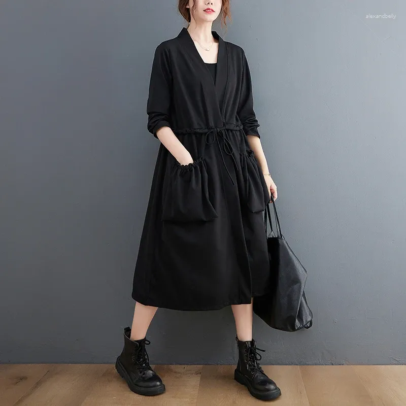 Женские плащи, японский корейский стиль, с открытыми карманами, шикарная темно-черная осенняя верхняя одежда для девочек, модная женская повседневная весенняя одежда