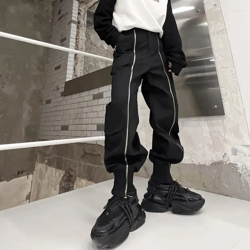 Męskie spodnie jesienne czarne funkcjonalne kombinezon odzież Koreańska moda zamek błyskawiczny