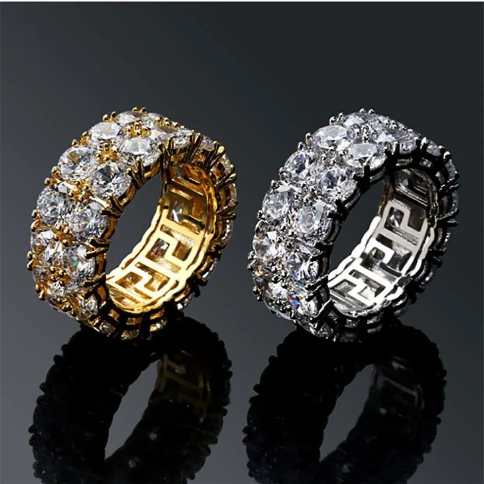 Hommes 2 rangées Iced Out 360 Eternity Gold Bling Rings Micro Pave Zircone Cubique Plaqué Or 18K Diamants Simulés Bague Hip hop avec g224v