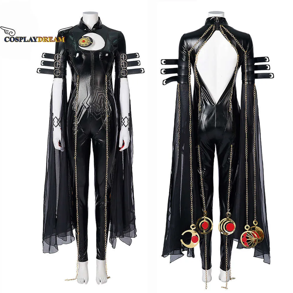 Cosplay cosplay kvinnors bajonetta cosplay kostym svart läder bayonetta bodysuit halloween kostym med handskar pannband anpassad sizecosplay