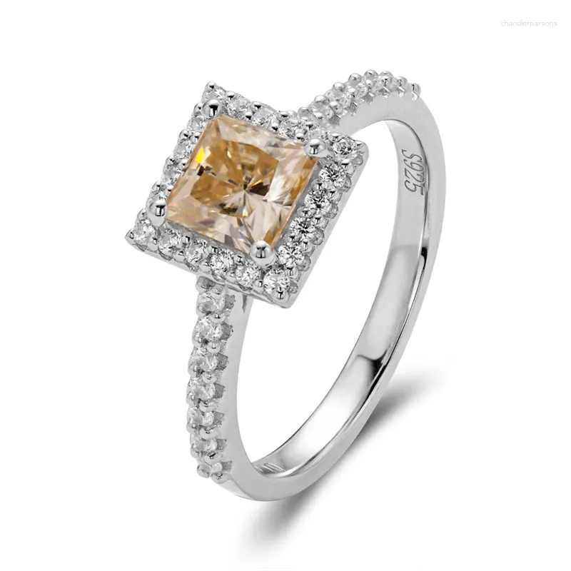 Cluster-Ringe BOEYCJR 925 Silber Princess Cut 1ct 5,5 5,5 mm Champagner Moissanit VVS Verlobungsring für Frauen