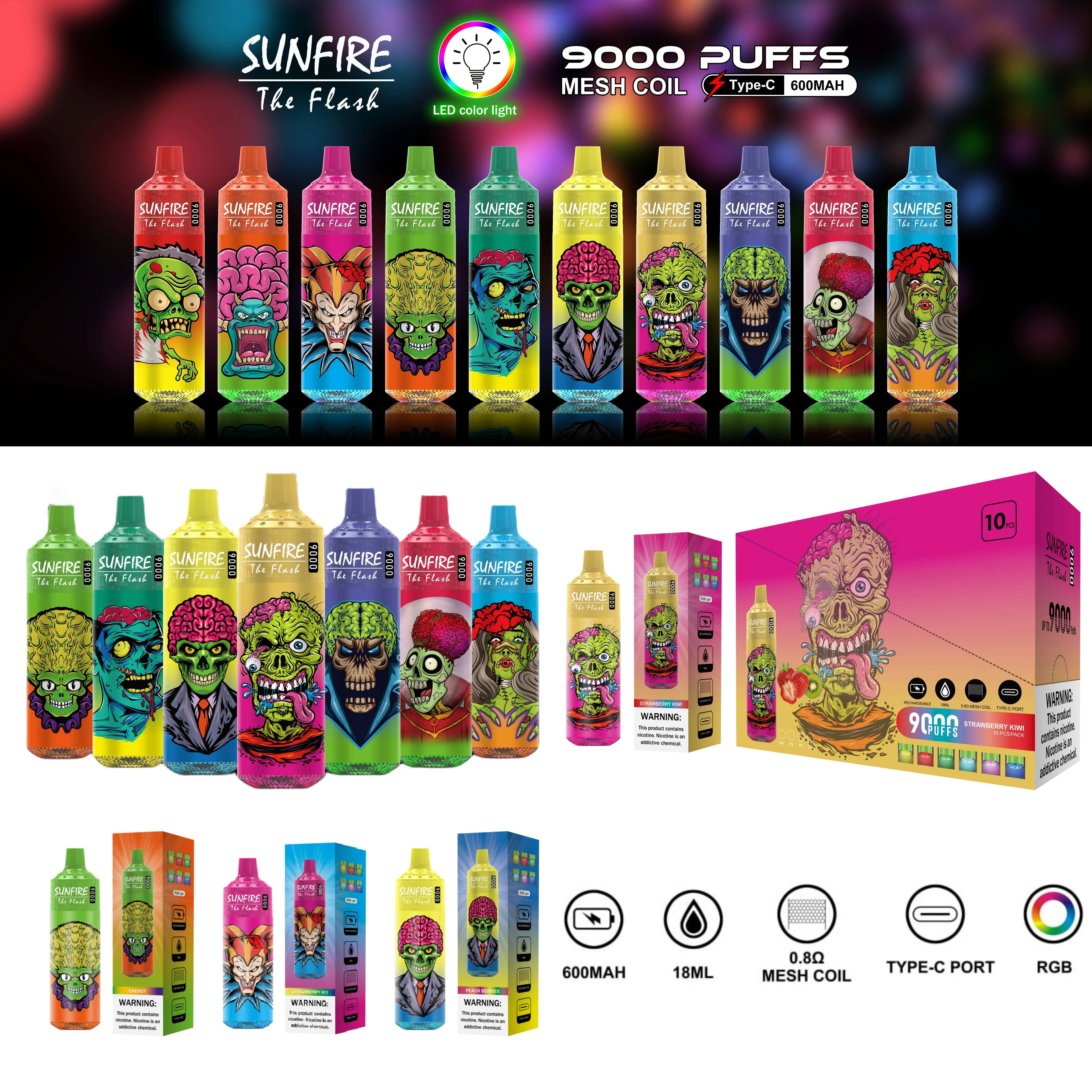 Original Sunfire Tornado 9000 Puffs 9K engångsvapspenna Puff 9000 Elektroniska cigaretter 18 ml POD Mesh Coil 6 RGB uppladdningsbar 0% 2% 3% 5% Enhet Einweg Vape Vapers Bar