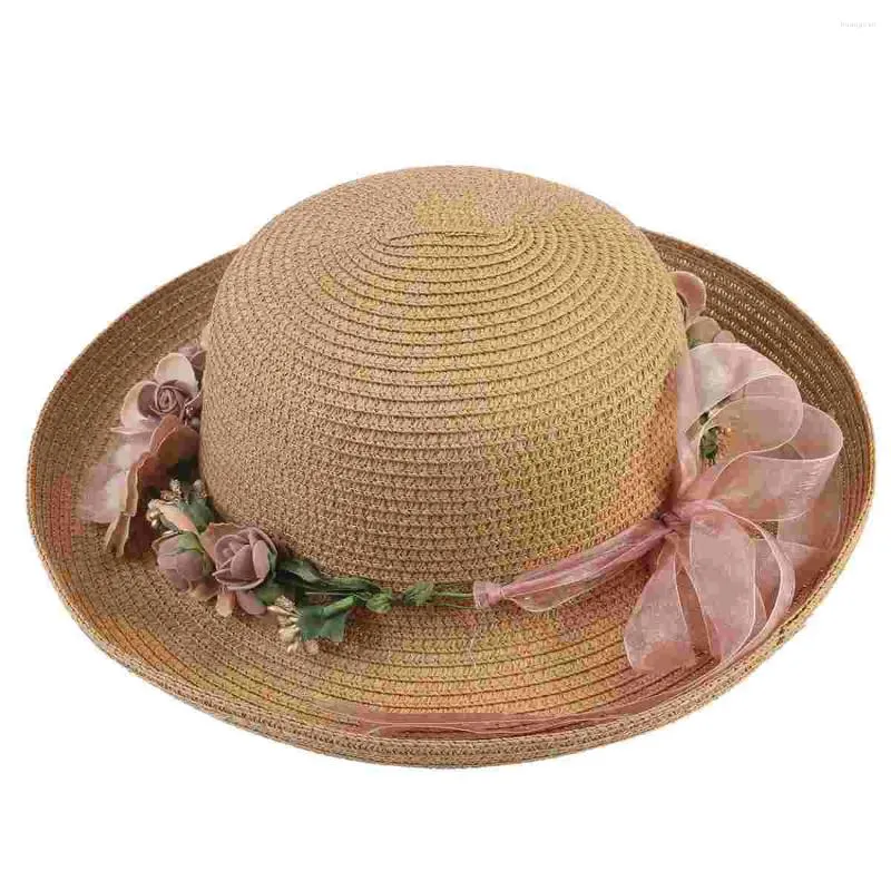 Berets Women Lady Wide Brim Hat Summer Beach Straw Sun Floppy Hats for Comple (Khaki Garland) Caps