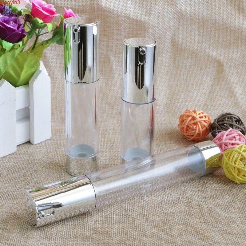 Bottiglie vuote con pompa airless da 15 ml 20 ml 30 ml Argento trasparente Mini bottiglia da viaggio per trattamenti cosmetici sottovuoto portatile 100 pezzi di alta quantità Wrhr