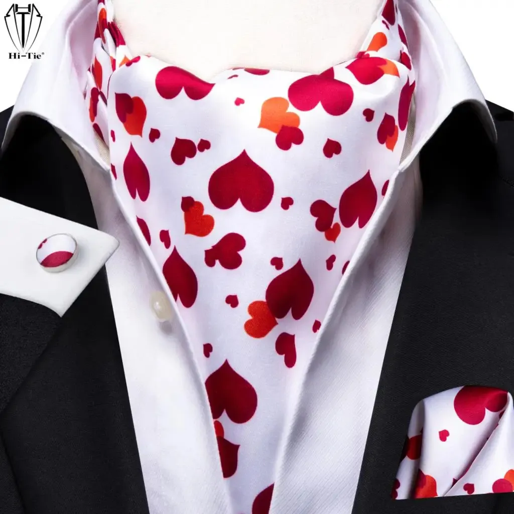 Neck Ties Hi-Tie White Red Hearts Silk Mens Ascots Hanky Cufflinks Set Jacquard Woven Vintage Cravat Tie for Male Wedding Prom Boyfriend 231013