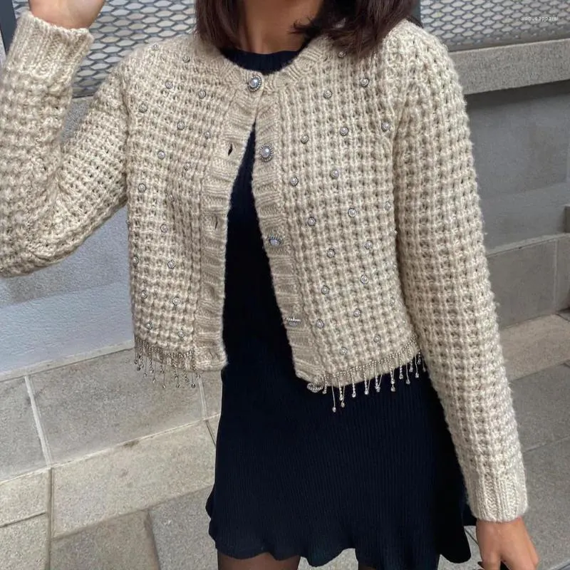 Женский трикотаж, осень 2023, модный трикотаж с бисером, уникальный винтажный однобортный однобортный свитер с круглым вырезом и длинными рукавами, кардиган