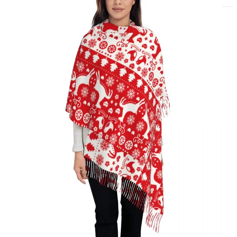 Scarves Women's Scarf With Tassel Red Christmas Reindeer Large Soft Warm Shawl Wrap Year Ugly Sweater Pattern Gifts Pashmina