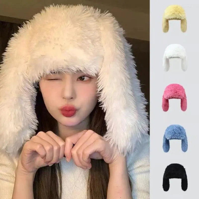 Bérets Corée Design Belle Grandes Oreilles En Peluche Bonnet Chapeau Femmes Automne Et Hiver Chaud Oreille De Protection Nouveauté Tricoté Perruques Froides