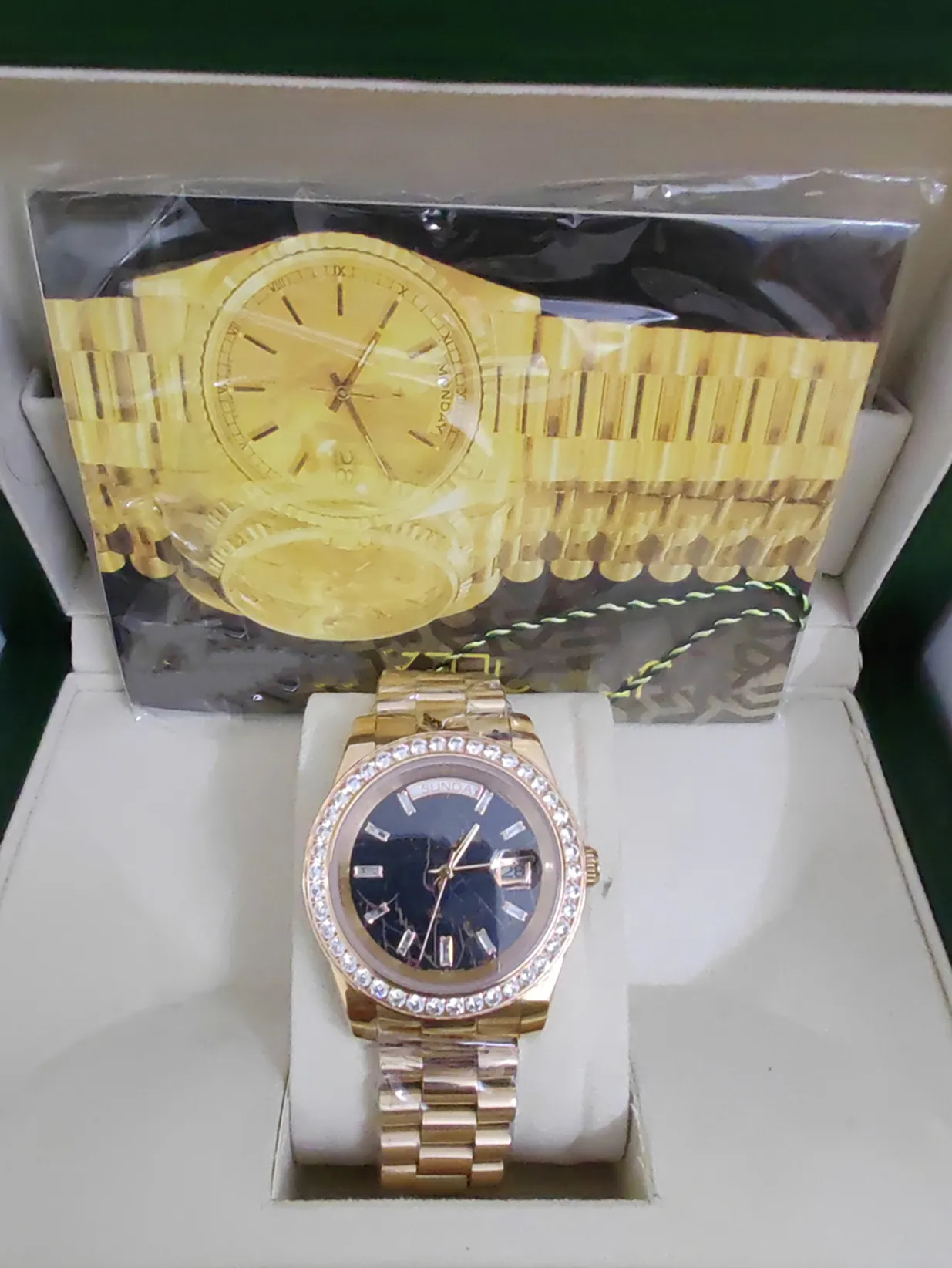 Com caixa original relógios de moda de luxo de alta qualidade 8k ouro rosa diamante dial moldura 18038 relógio masculino automático 75