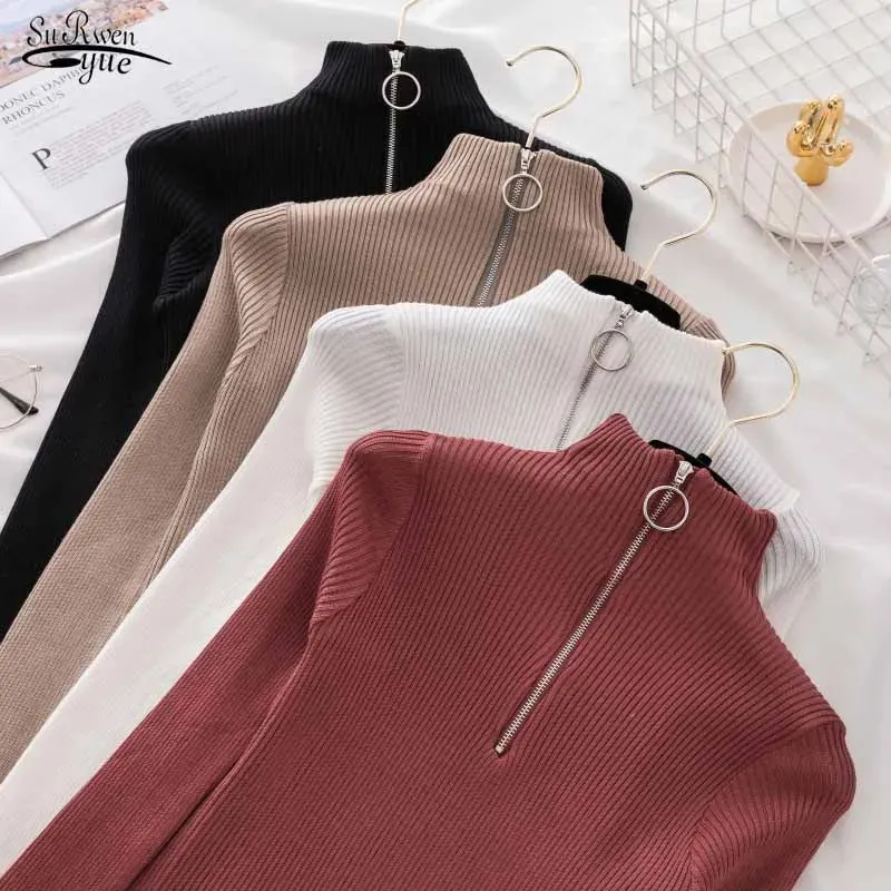 Dzienniki dla kobiet Koreańskie solidne zamek błyskawiczne SWEATER SWEATER jesienne zima długi rękaw biały sweter pull femme 2023 Casual Slim Women Tops 17113 231018