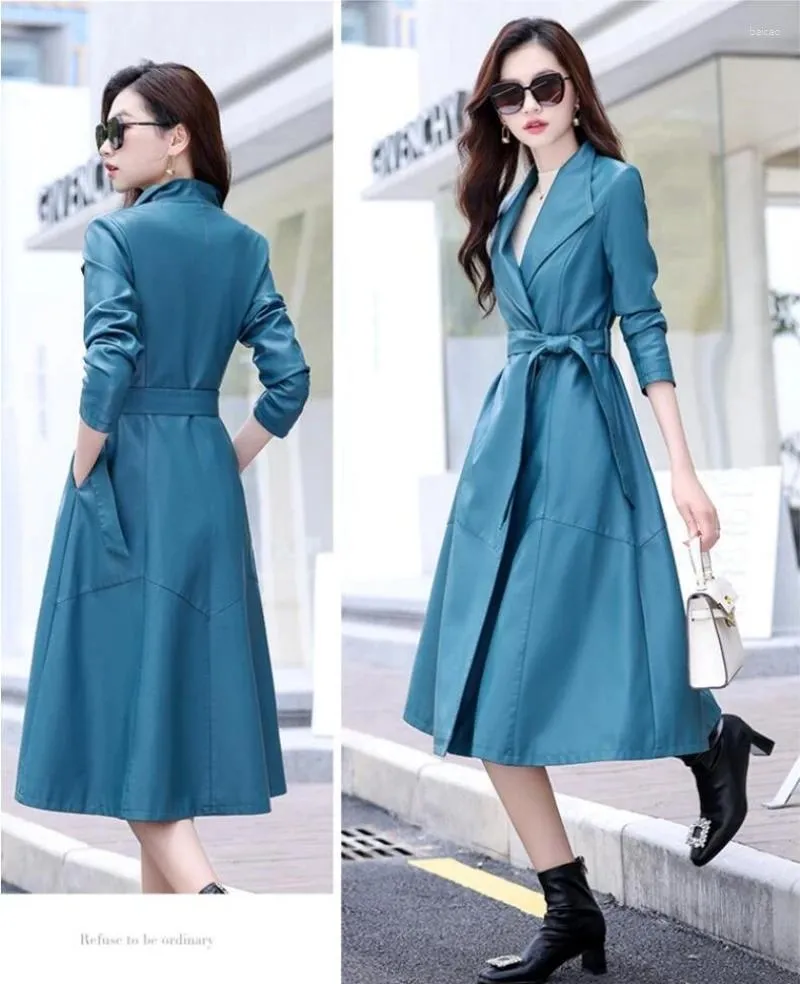 Kvinnors läder Autumn Winter Long Blue Black Soft Sheepskin Trench Coat for Women Belt Kirted Elegant Luxury Fashion M-5XL