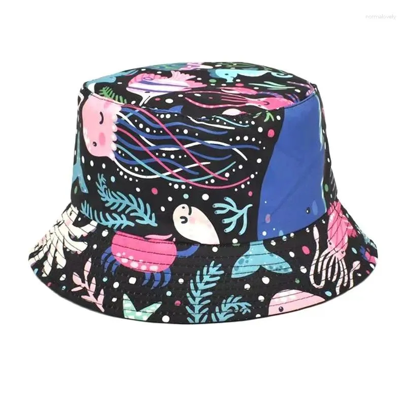 Basker panama hink hatt tecknad tryckt fiskare kepsar sommar reversibel förpackbar bred strand rese vandring sol för män och kvinnor