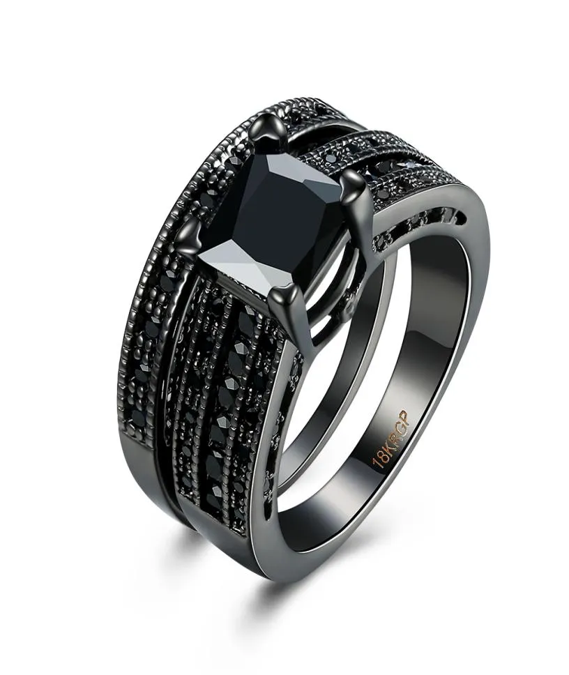 Mode 18 carats plaqué or noir noir carré diamant princesse coupe mariage fiançailles bandes de mariée ensembles de bagues pour femmes Ladies8538034