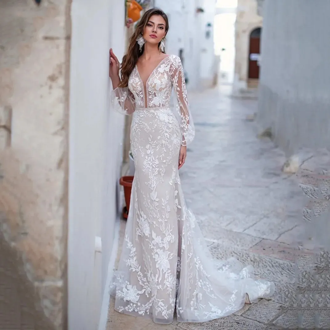 Роскошные свадебные платья из тюля с открытой спиной и длинным рукавом, кружевные аппликации, белое свадебное платье с v-образным вырезом, Vestidos de Novia