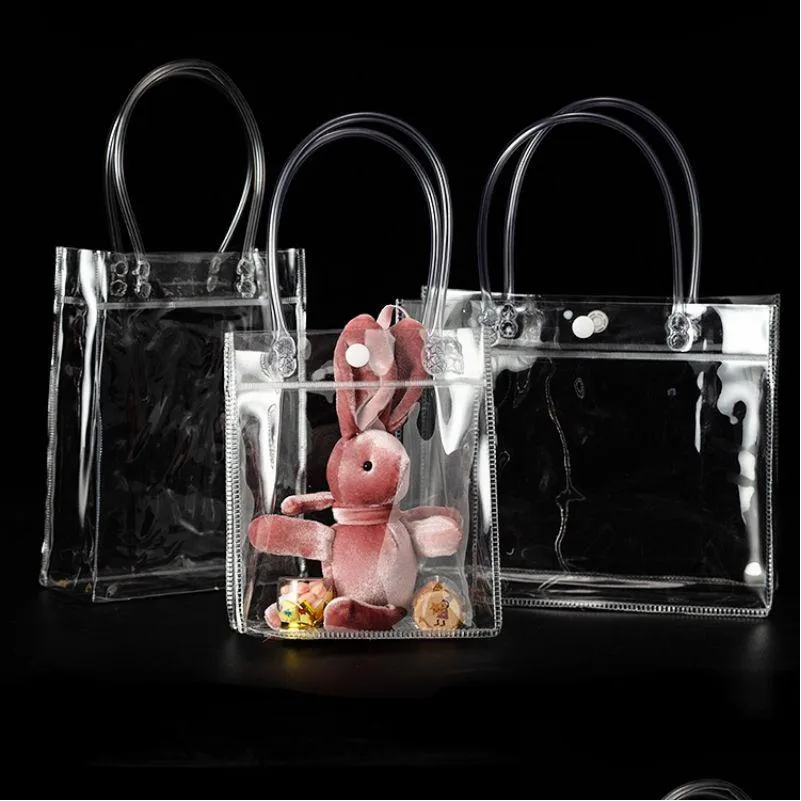 Cadeauverpakking Cadeauverpakking 10 stks/20 stks/partij Transparante Zachte Pvc Tote Verpakking Zakken Met Handlus Doorzichtige Plastic Handtas Cosmetische B Dhgarden Dhqbu