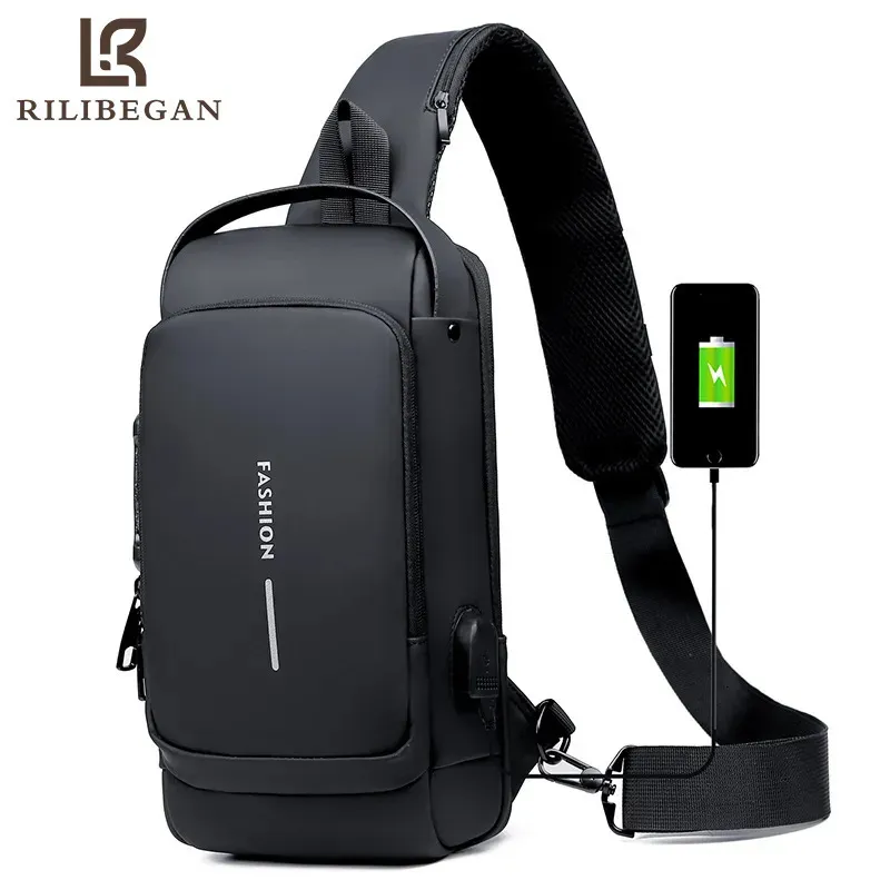 Marsupi Borsa da petto casual impermeabile da uomo multifunzione antifurto ricarica USB borsa da viaggio in pelle verniciata a tracolla Mal 231017