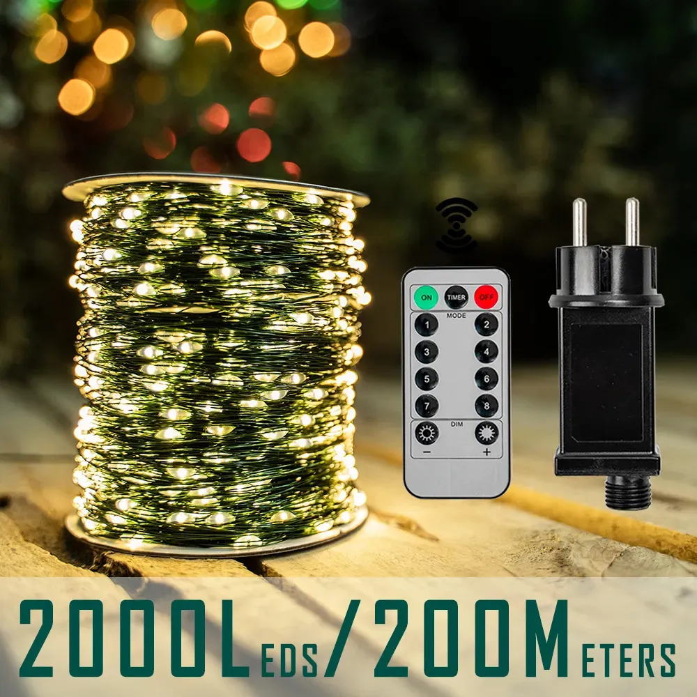 Autres fournitures de fête d'événement 10m-200m LED String Lights Fée Guirlande de Noël Décoration extérieure Lumières étanches avec télécommande pour Tree Street Chambre Mariage 231017