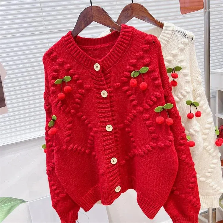 Chandails pour femmes 2023 automne doux tridimensionnel petite cerise épaisse aiguille rouge pull manteau lâche tricot cardigan mode