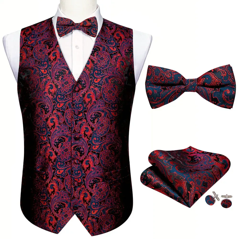 Fashion Red Floral Silk Vest Waistcoat Men passar Vest Butterfly näsduk Manschettknappar Bowtie Vest Barry.Wang Business