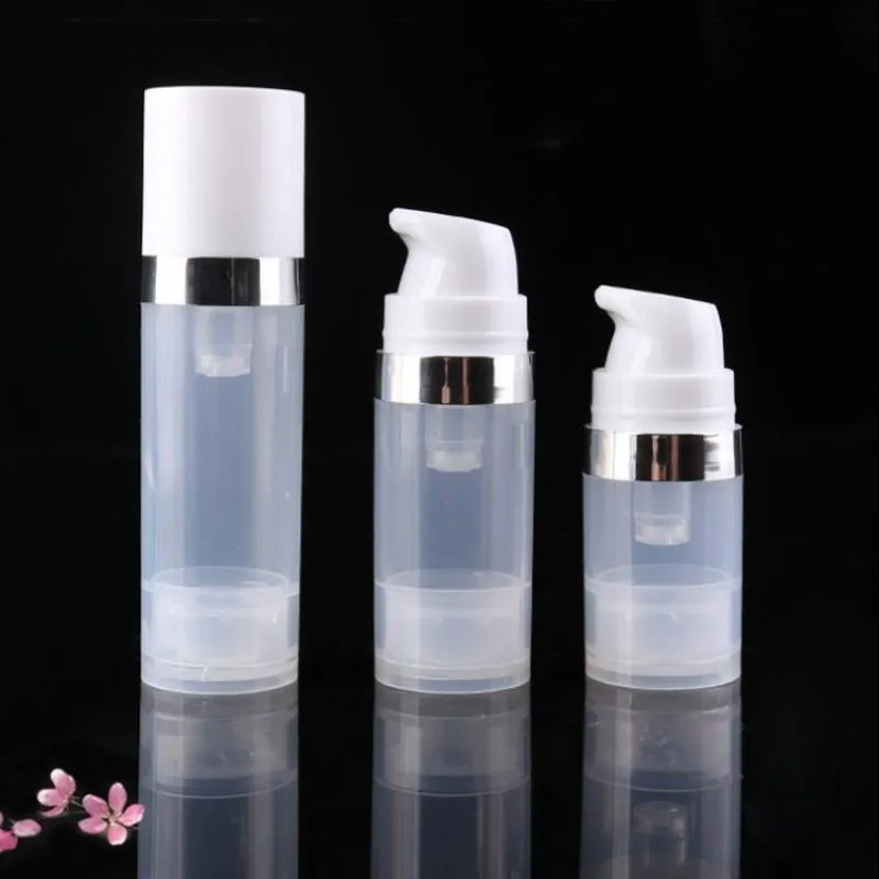 빈 5ml 10ml Airless Bottles Silver Ring Cover Cosmetic Packaging BBQJC UPRSO와 함께 명확한 진공 펌프 로션 병.