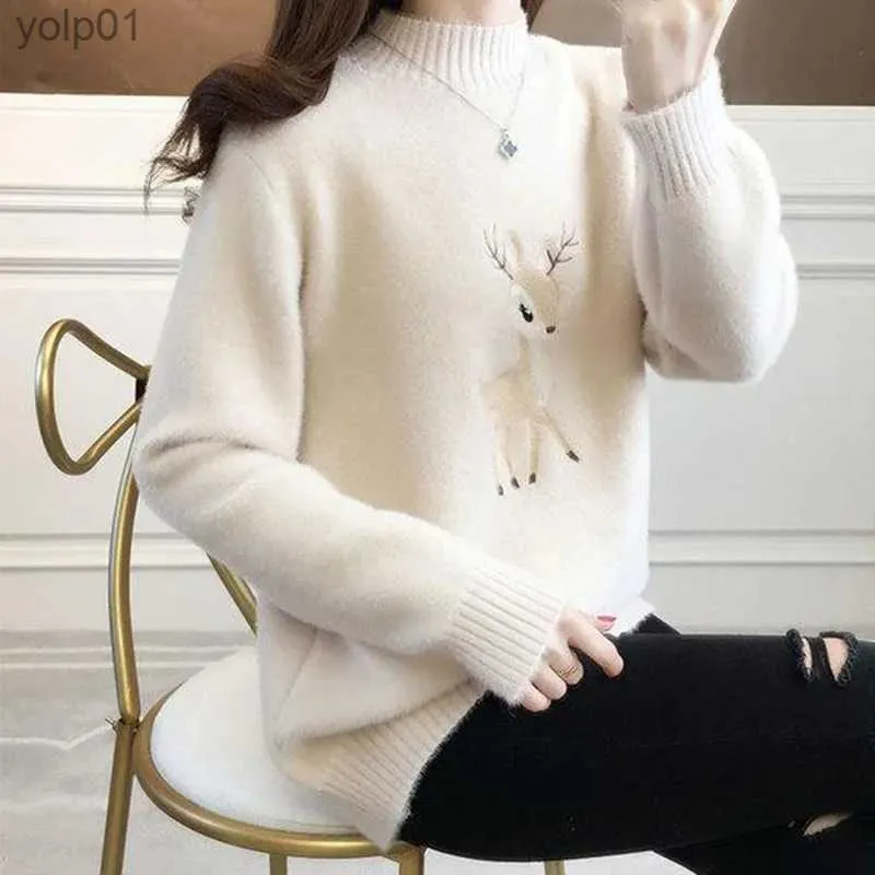Swetry damskie biyaby haftowe jelenie ciepłe skoczki kobiety 2023 jesień zima połowa kołnierzyka sweter kobiety Koreańskie luźne bluzka z długim rękawem 231018