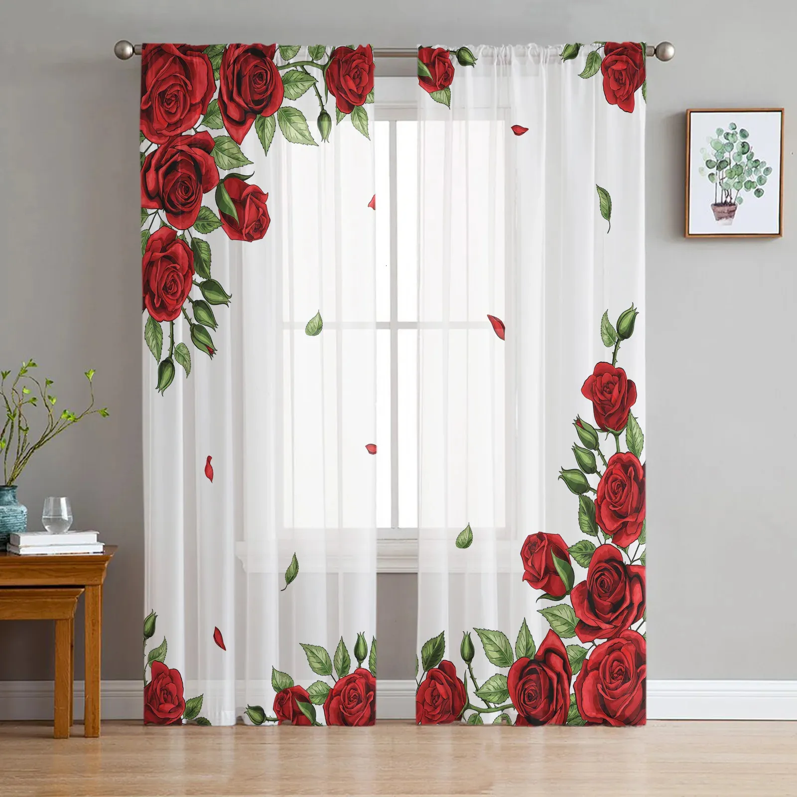 Curtain Valentine'S Day Rose Red Flowers Tulle Curtain Living Room Luxury Sheer Curtain Home Decor Chiffon Drapes Gauze Window Curtain 231018