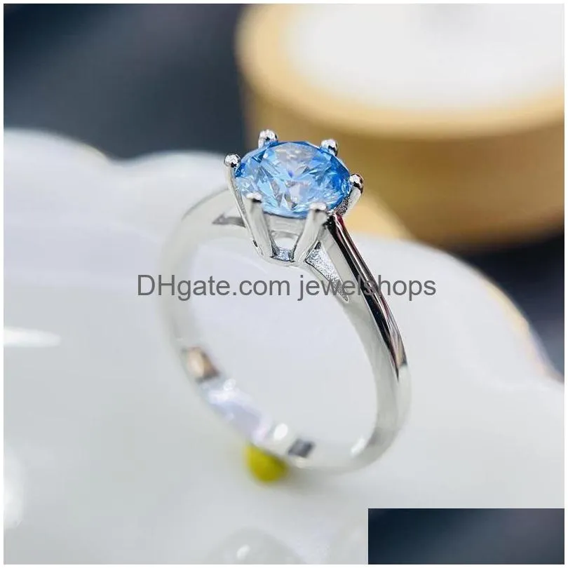 Cluster Rings Cluster Rings S925 Sier For Women Summer Ocean 6 Blue Cubic Zirconia Ring Bridal Wedding Fine Jewelry Simple Bijoux Jewe Dhofn